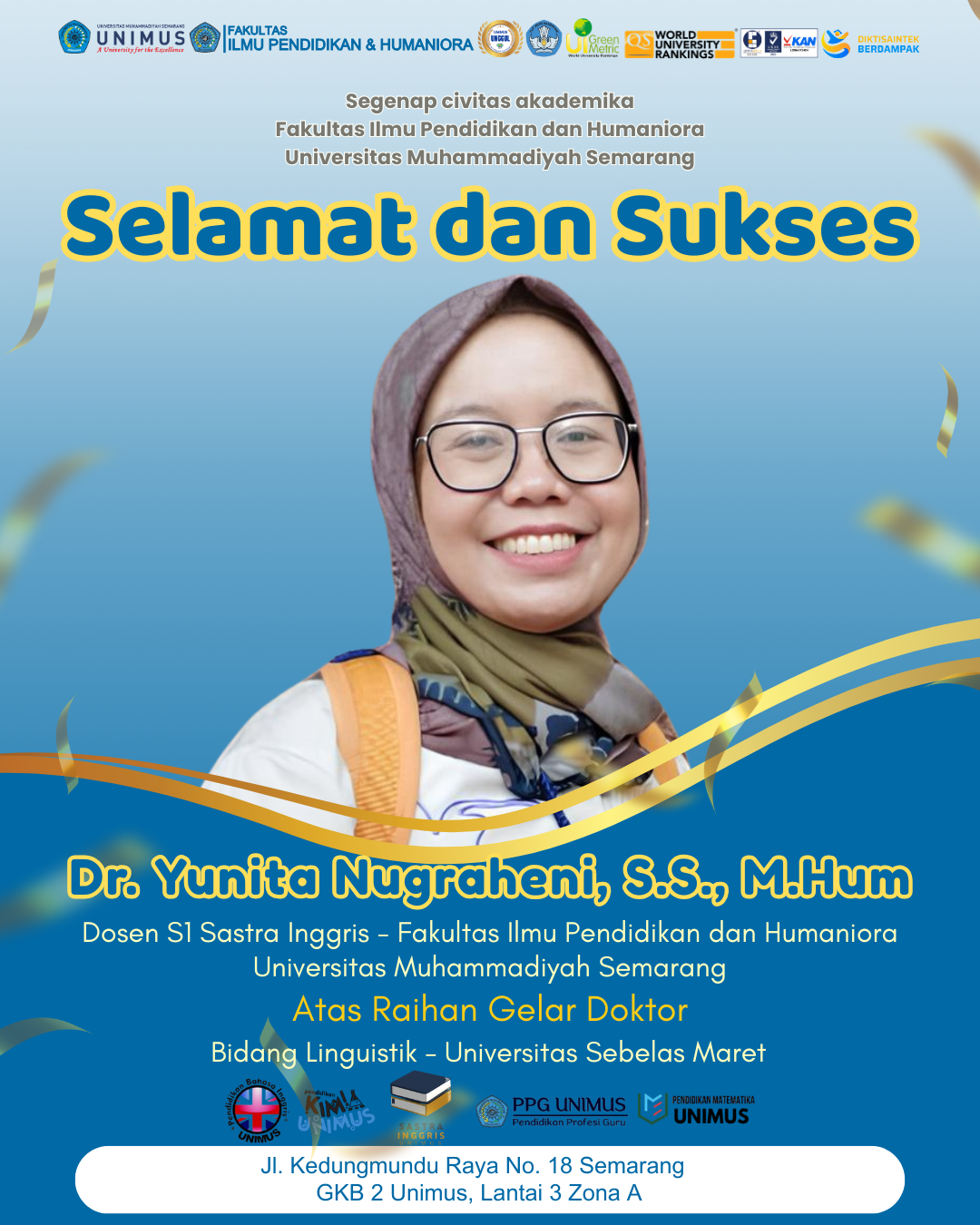 Read more about the article Dosen S1 Sastra Inggris FIPH UNIMUS Raih Gelar Doktor Bidang Linguistik di Universitas Sebelas Maret