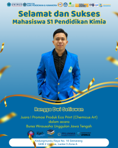 Read more about the article Mahasiswa S1 Pendidikan Kimia UNIMUS Raih Juara 1 Promosi Produk Eco Print pada Bursa Wirausaha Unggulan Jawa Tengah